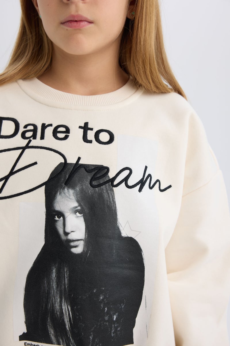 DeFacto Beige Girl Girl Oversize Crew Neck Printed Sweatshirt Casual - Image 5